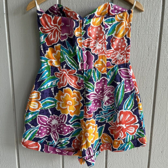 Liz Sport Vintage 1980s Hawaiian Floral Print Strapless Cotton Romper‎ Size 12 - Picture 6 of 12
